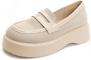 DINTAHA Chunky Platform Loafers for Women Heeled Knit Loafers Slip On Business Casual Shoes