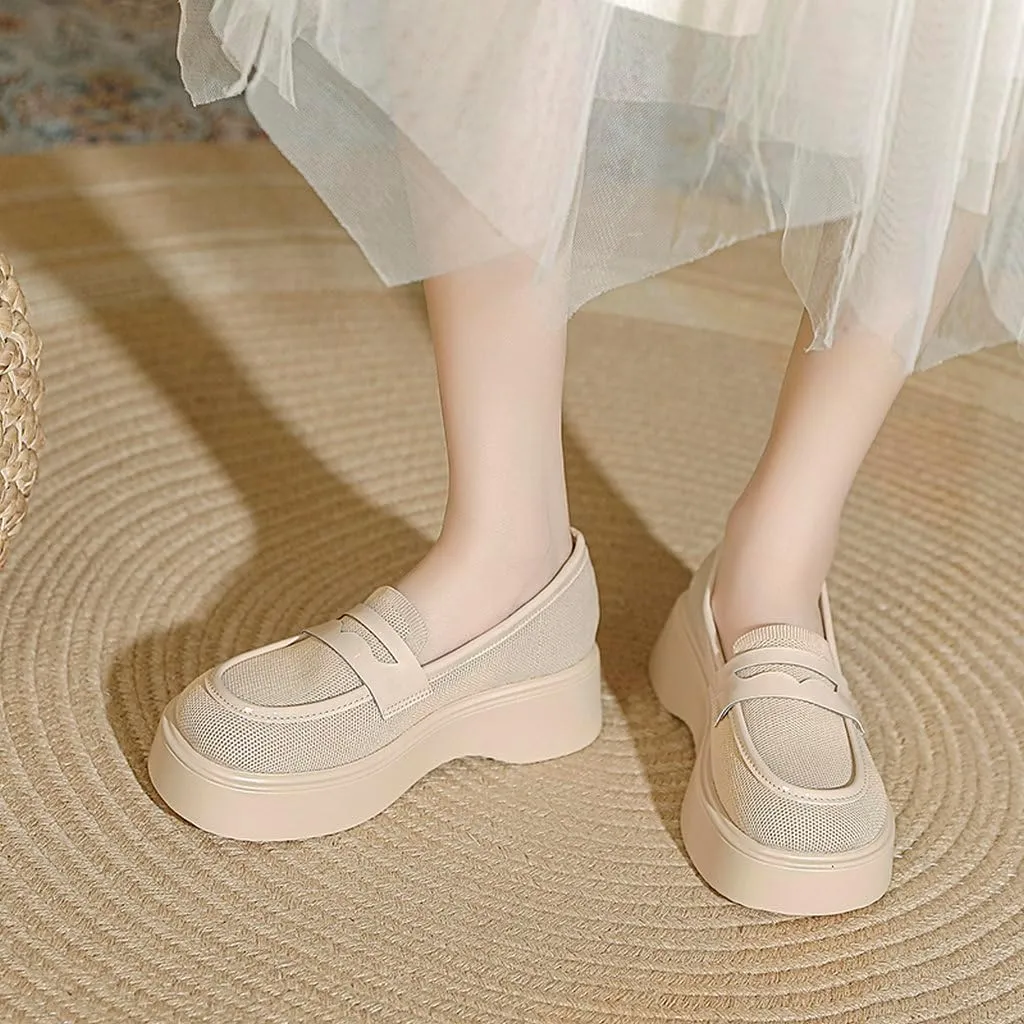 DINTAHA Chunky Platform Loafers for Women Heeled Knit Loafers Slip On Business Casual Shoes