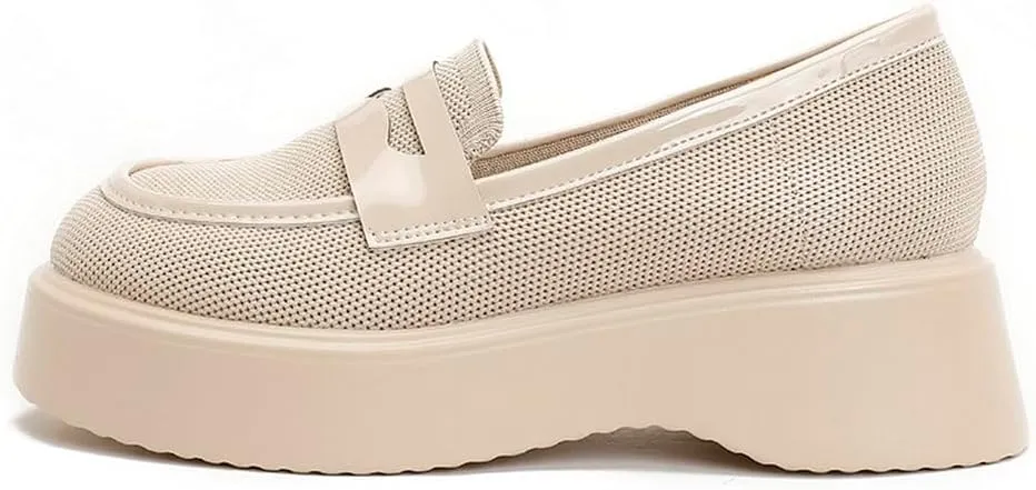 DINTAHA Chunky Platform Loafers for Women Heeled Knit Loafers Slip On Business Casual Shoes