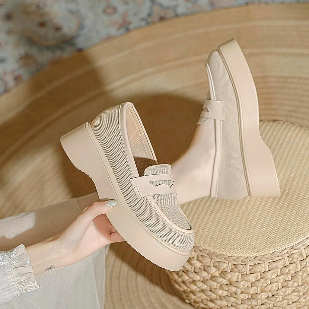 DINTAHA Chunky Platform Loafers for Women Heeled Knit Loafers Slip On Business Casual Shoes