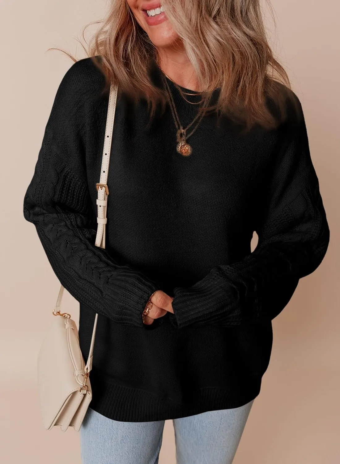 Dokotoo Womens Sweaters Casual Ribbed Crewneck Long Sleeve Solid Cable Knit Loose Fit Pullover Sweater Tops