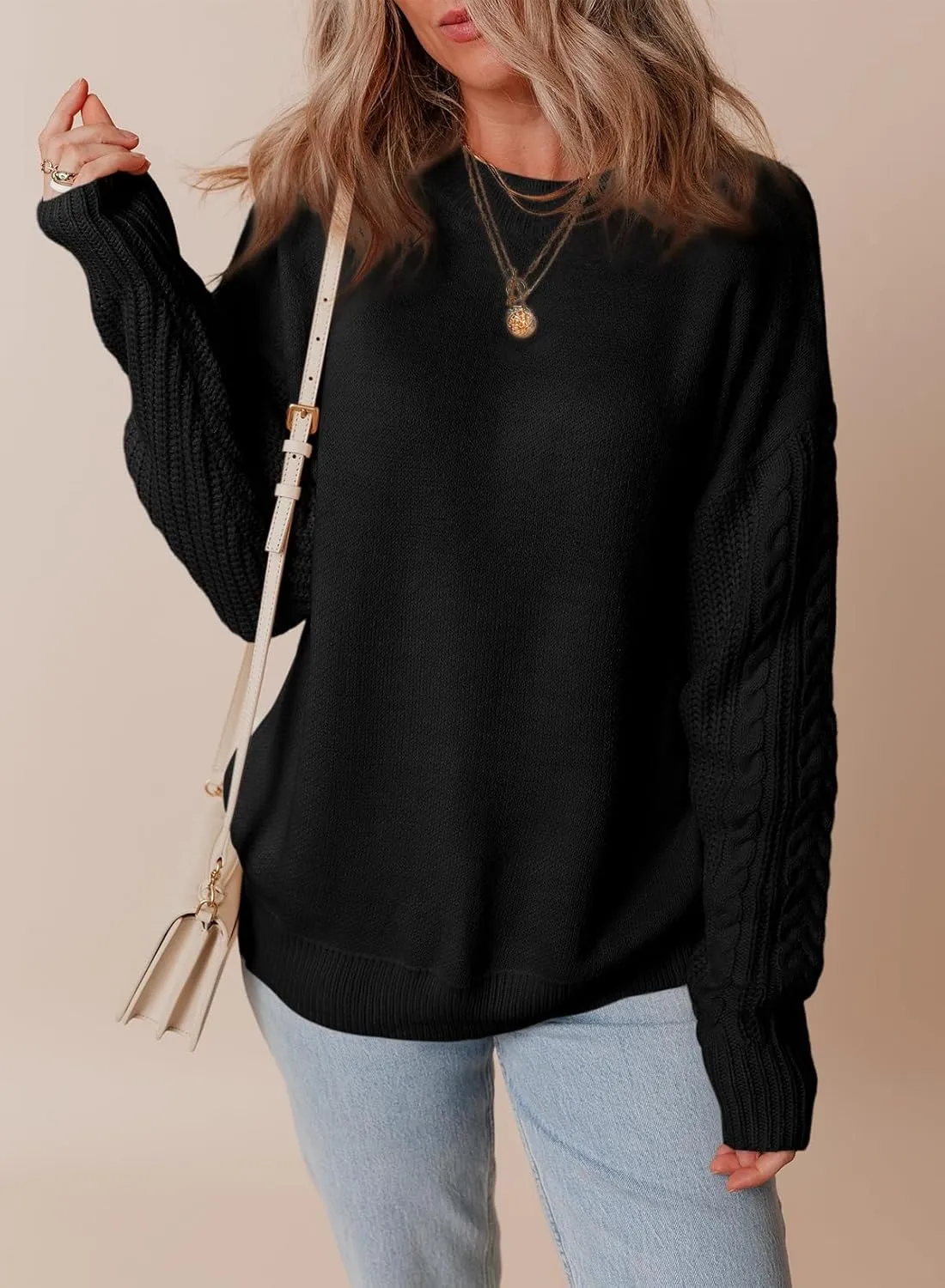 Dokotoo Womens Sweaters Casual Ribbed Crewneck Long Sleeve Solid Cable Knit Loose Fit Pullover Sweater Tops
