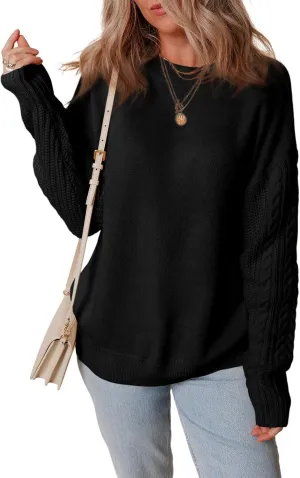 Dokotoo Womens Sweaters Casual Ribbed Crewneck Long Sleeve Solid Cable Knit Loose Fit Pullover Sweater Tops