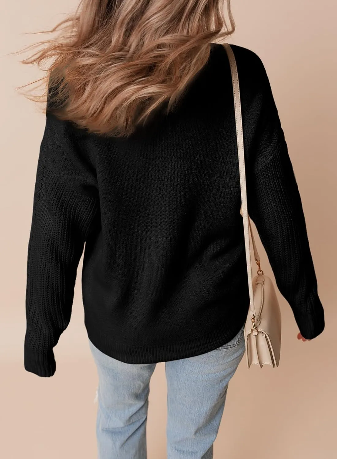 Dokotoo Womens Sweaters Casual Ribbed Crewneck Long Sleeve Solid Cable Knit Loose Fit Pullover Sweater Tops