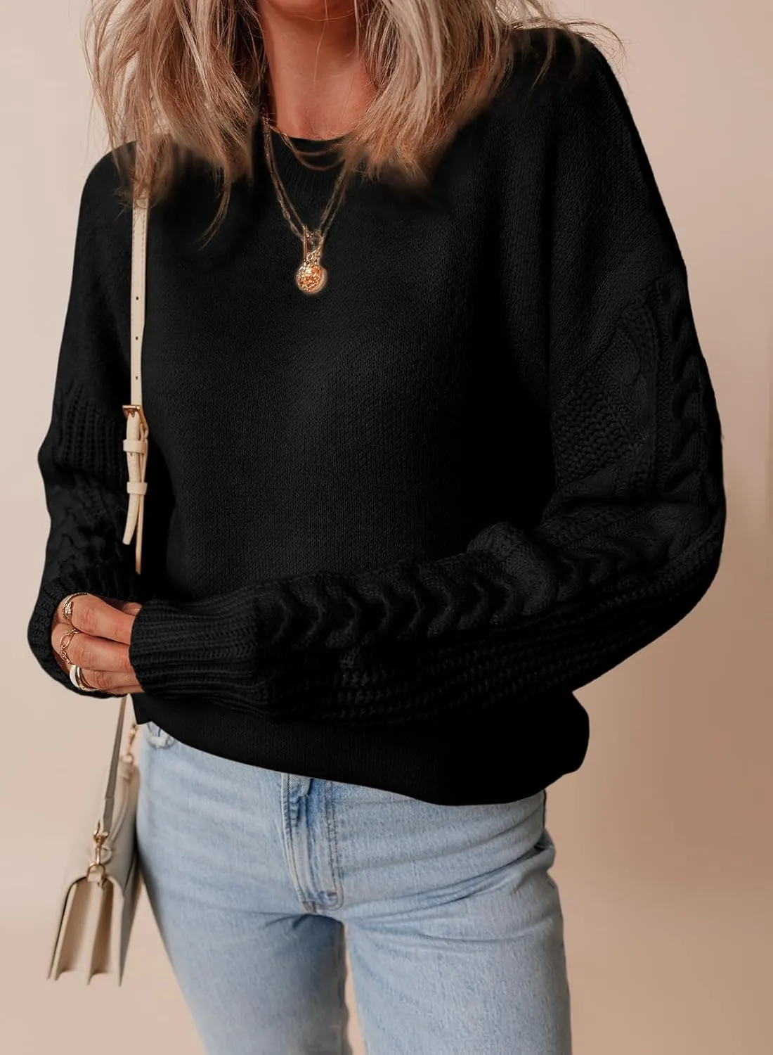 Dokotoo Womens Sweaters Casual Ribbed Crewneck Long Sleeve Solid Cable Knit Loose Fit Pullover Sweater Tops