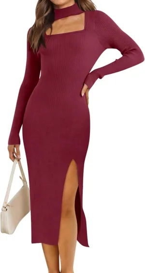 DOROSE Womens Sweater Dress 2023 Ribbed Bodycon Dresses Fit Slit Cut Out Dress