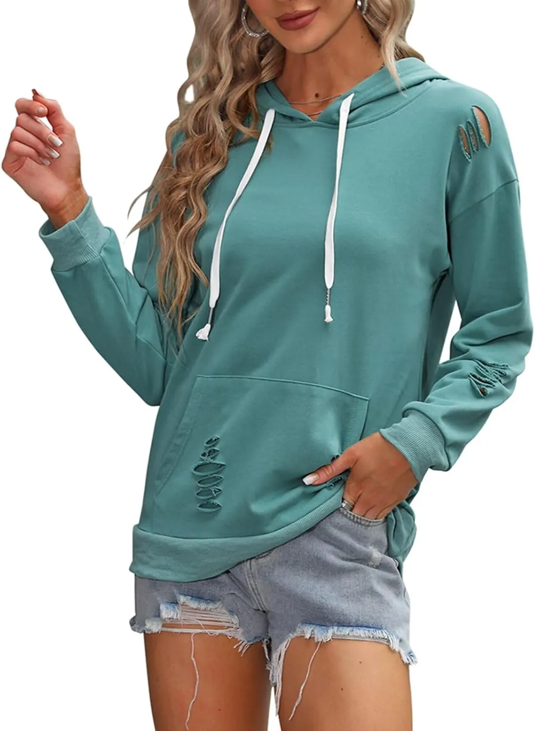 EADINVE Women's Hooded Sweatshirt Hollow Out Distressed Long Sleeve Drawstring Hoodie with Kangaroo Pocket