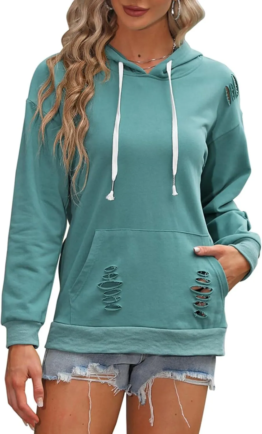 EADINVE Women's Hooded Sweatshirt Hollow Out Distressed Long Sleeve Drawstring Hoodie with Kangaroo Pocket