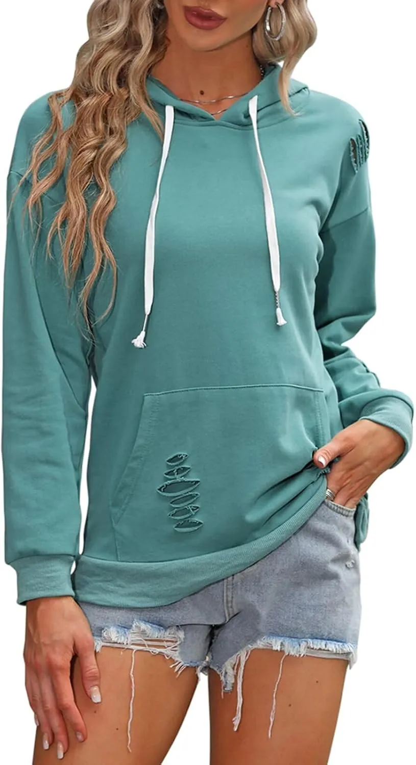 EADINVE Women's Hooded Sweatshirt Hollow Out Distressed Long Sleeve Drawstring Hoodie with Kangaroo Pocket