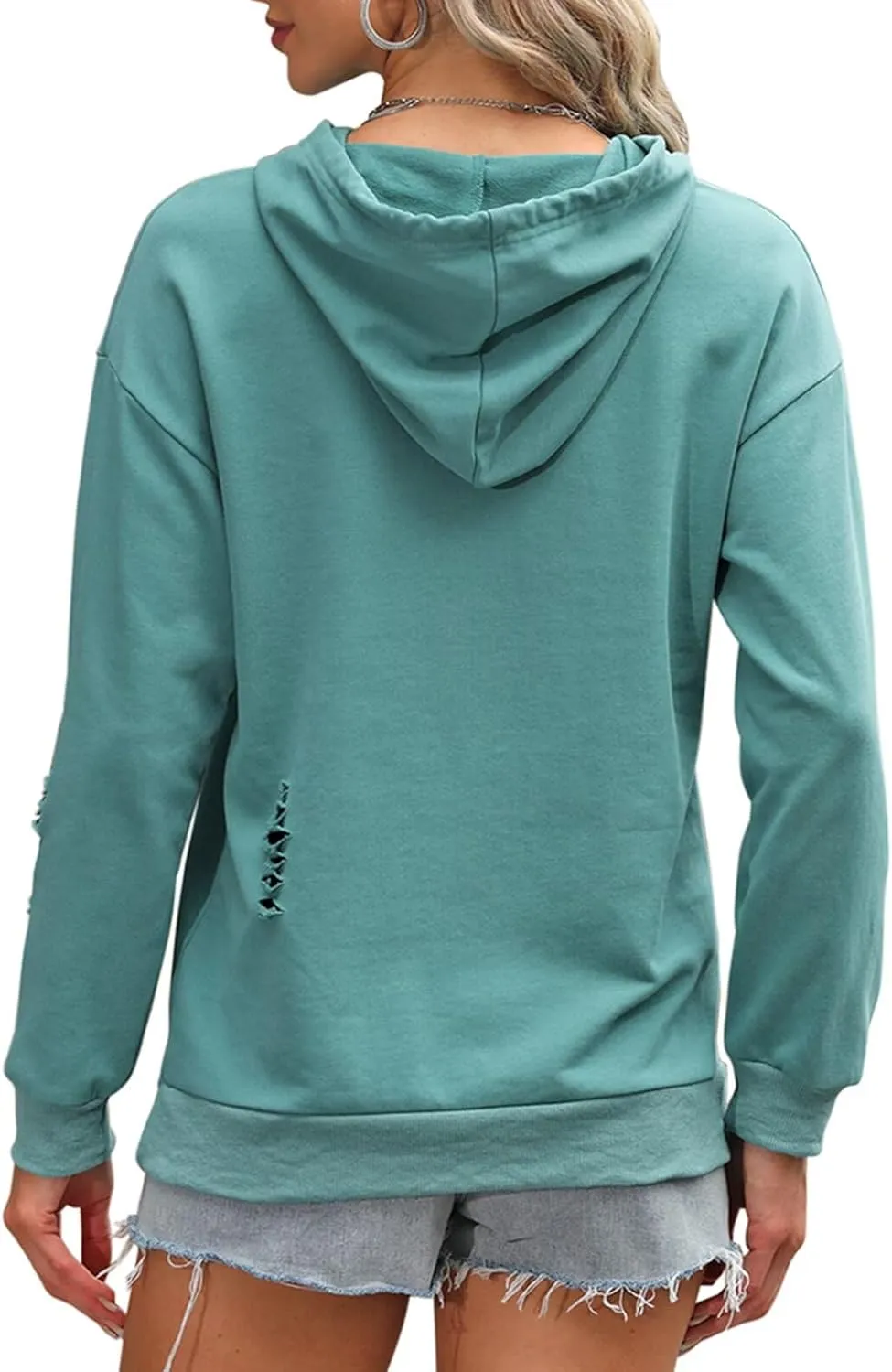 EADINVE Women's Hooded Sweatshirt Hollow Out Distressed Long Sleeve Drawstring Hoodie with Kangaroo Pocket