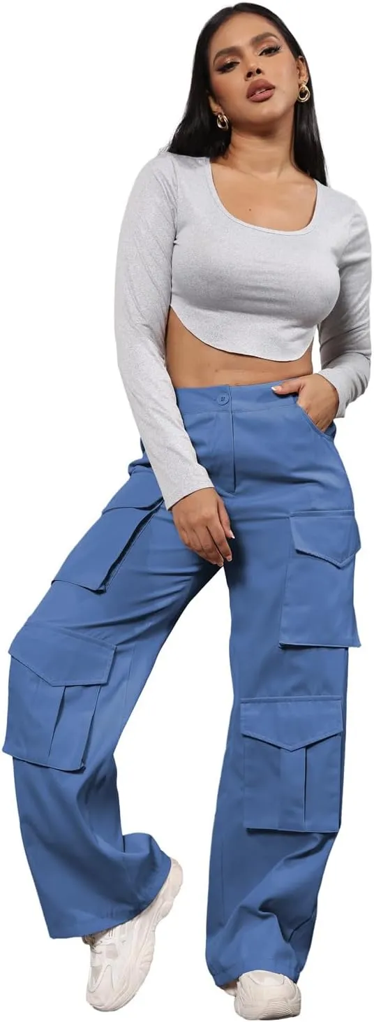 ECHOINE Baggy Cargo Pants for Women Multiple Pockets Jogger Wide Leg High Waist Loose Pocket Y2K Pants S XXL