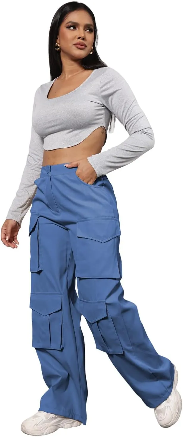 ECHOINE Baggy Cargo Pants for Women Multiple Pockets Jogger Wide Leg High Waist Loose Pocket Y2K Pants S XXL