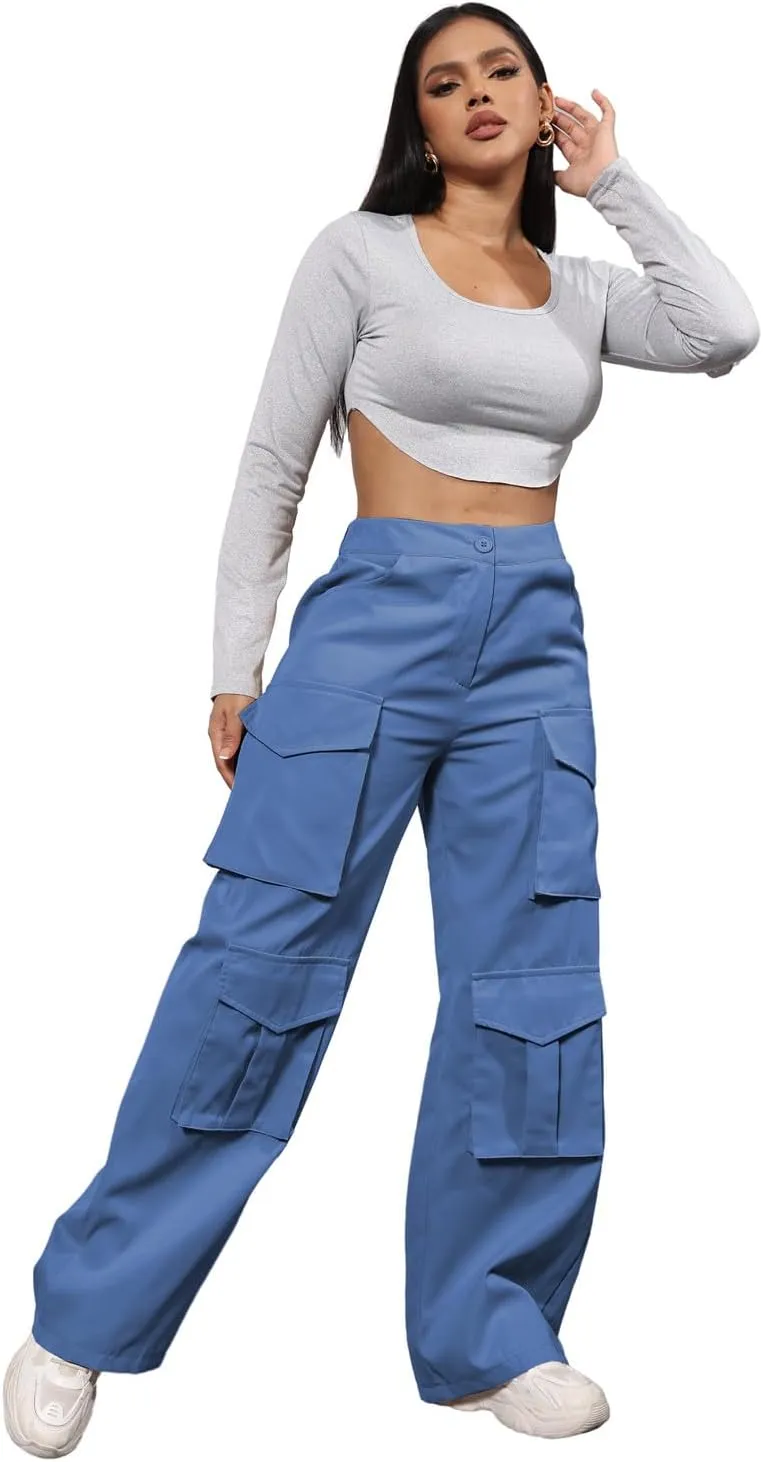 ECHOINE Baggy Cargo Pants for Women Multiple Pockets Jogger Wide Leg High Waist Loose Pocket Y2K Pants S XXL