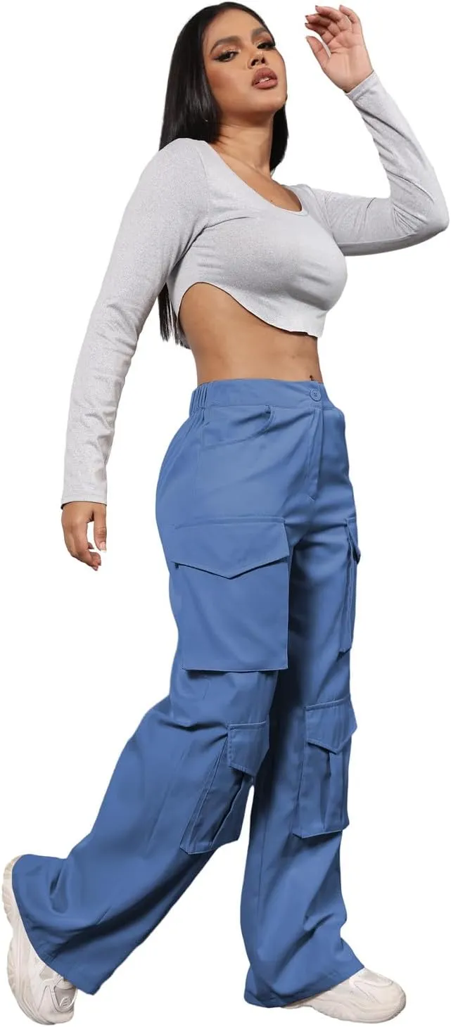 ECHOINE Baggy Cargo Pants for Women Multiple Pockets Jogger Wide Leg High Waist Loose Pocket Y2K Pants S XXL