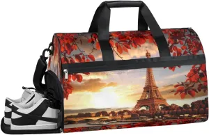 Eiffel Tower Autumn Sports Gym Bag with Wet Pocket & Shoes Compartment Waterproof Workout Duffel Bag for Women and Men Weekender Overnight Duffle Bag Travel Carry-on Tote