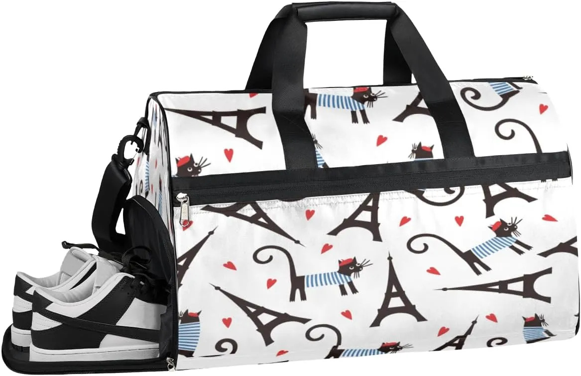 Eiffel Tower Cats Sports Gym Bag with Wet Pocket & Shoes Compartment Waterproof Workout Duffel Bag for Women and Men Weekender Overnight Duffle Bag Travel Carry-on Tote