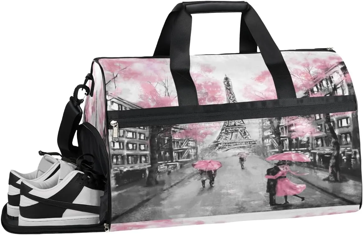 Eiffel Tower Painting Sports Gym Bag with Wet Pocket & Shoes Compartment Waterproof Workout Duffel Bag for Women and Men Weekender Overnight Duffle Bag Travel Carry-on Tote