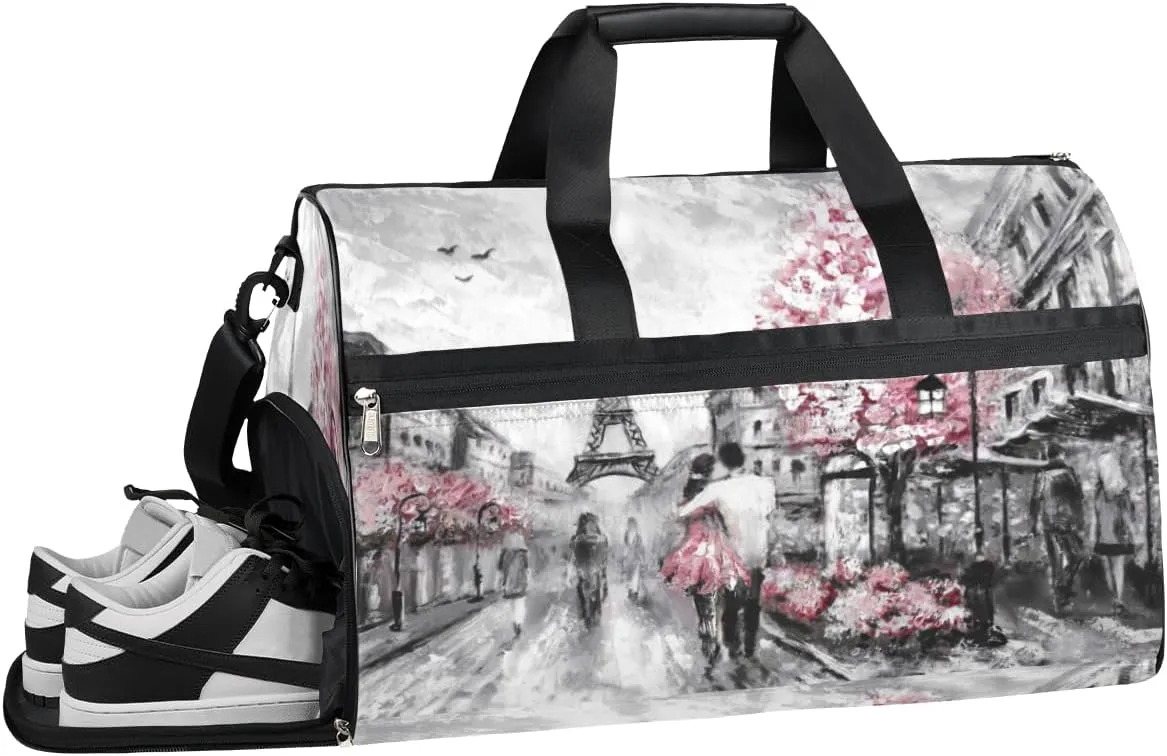 Eiffel Tower Print Sports Gym Bag with Wet Pocket & Shoes Compartment Waterproof Workout Duffel Bag for Women and Men Weekender Overnight Duffle Bag Travel Carry-on Tote