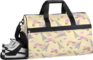 Eiffel Tower Rose Sports Gym Bag with Wet Pocket & Shoes Compartment Waterproof Workout Duffel Bag for Women and Men Weekender Overnight Duffle Bag Travel Carry-on Tote