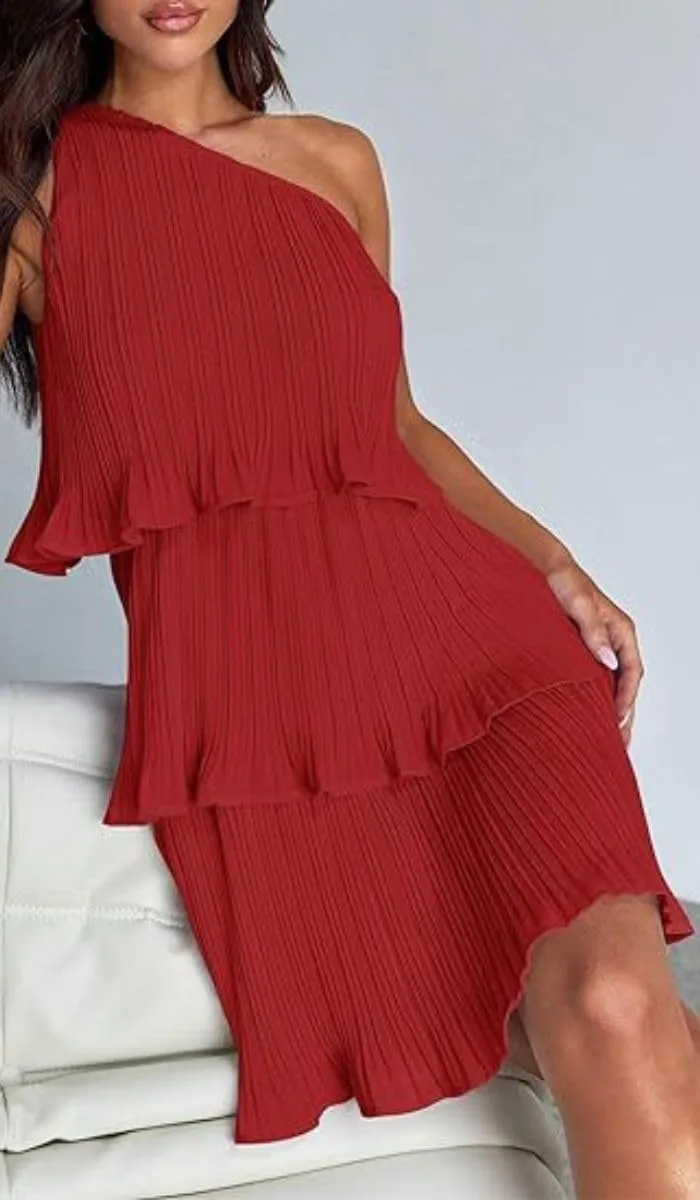 ELFTOWN Women's Summer Sleeveless Mini Dress Boho One Shoulder Ruffle Tiered Layered Chiffon Flowy Pleated A Line Dress