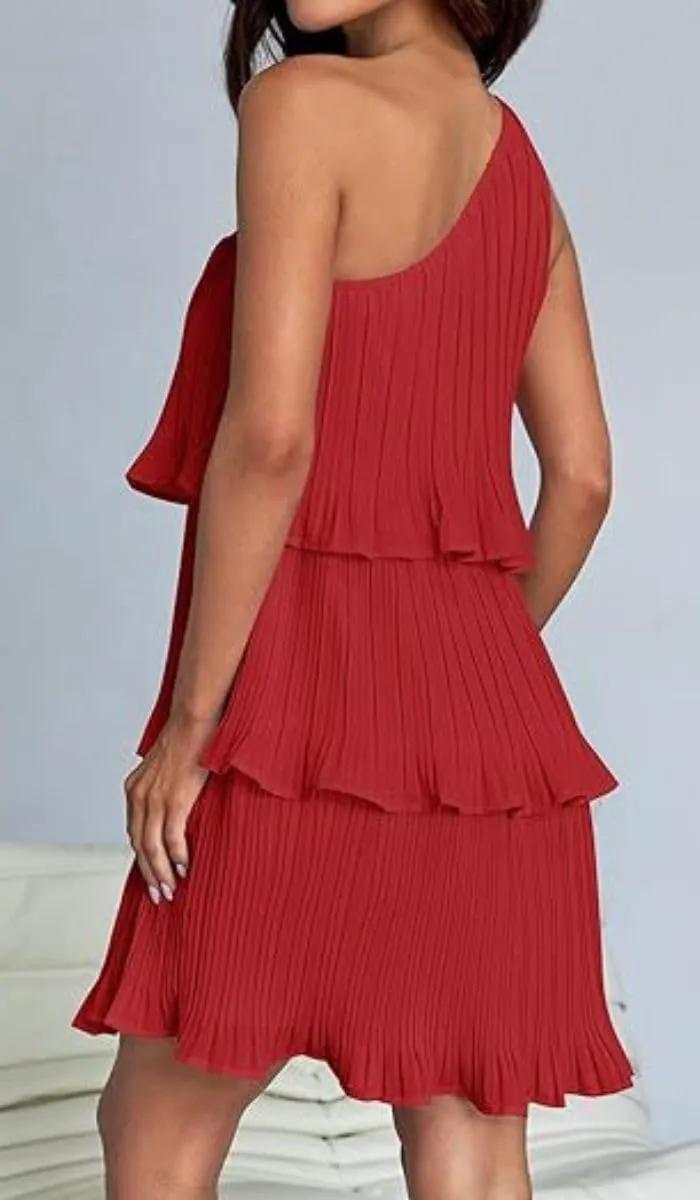 ELFTOWN Women's Summer Sleeveless Mini Dress Boho One Shoulder Ruffle Tiered Layered Chiffon Flowy Pleated A Line Dress