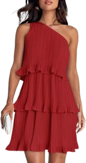 ELFTOWN Women's Summer Sleeveless Mini Dress Boho One Shoulder Ruffle Tiered Layered Chiffon Flowy Pleated A Line Dress