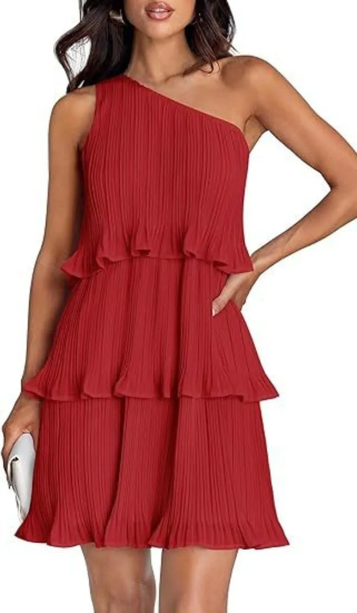 ELFTOWN Women's Summer Sleeveless Mini Dress Boho One Shoulder Ruffle Tiered Layered Chiffon Flowy Pleated A Line Dress