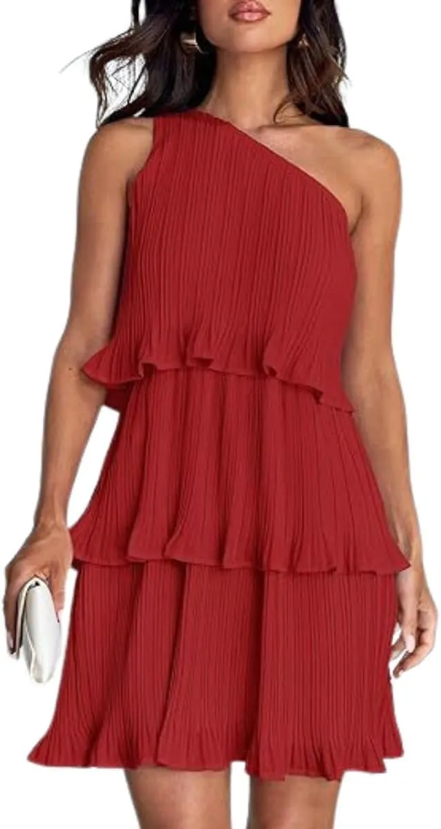 ELFTOWN Women's Summer Sleeveless Mini Dress Boho One Shoulder Ruffle Tiered Layered Chiffon Flowy Pleated A Line Dress