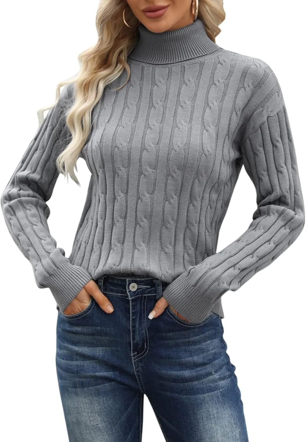 Esobo Women's Classic-fit Lightweight Cable Long Sleeve Mockneck Loose Casual Sweater Jumpers