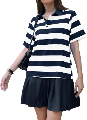 ETCYY NEW Summer Dresses for Women 2025 Polo Collar Sport or Daily Mini Dress Striped Colorblock