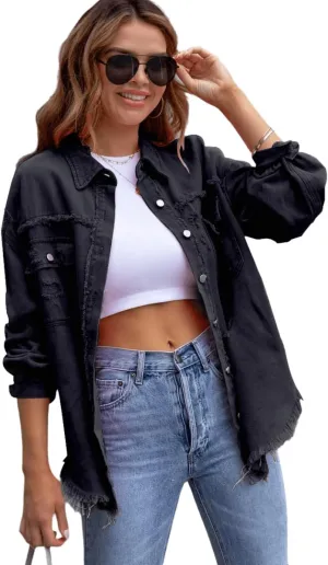 Eternatastic Womens Denim Jacket Coat Distressed Jean Jackets Button Up Vintage Western Trucker Jacket Frayed Hem Pockets