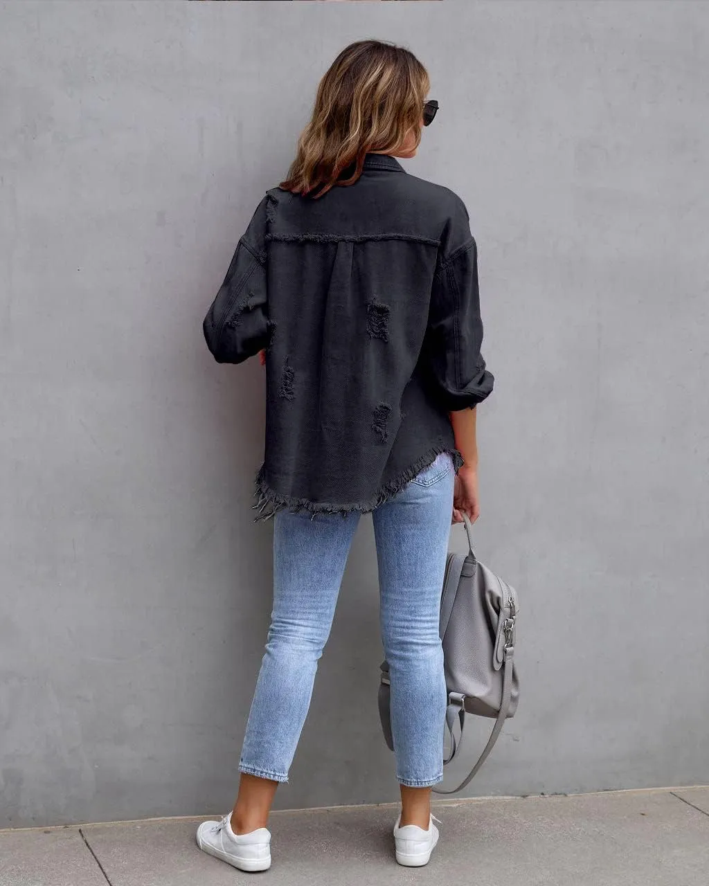 Eternatastic Womens Denim Jacket Coat Distressed Jean Jackets Button Up Vintage Western Trucker Jacket Frayed Hem Pockets
