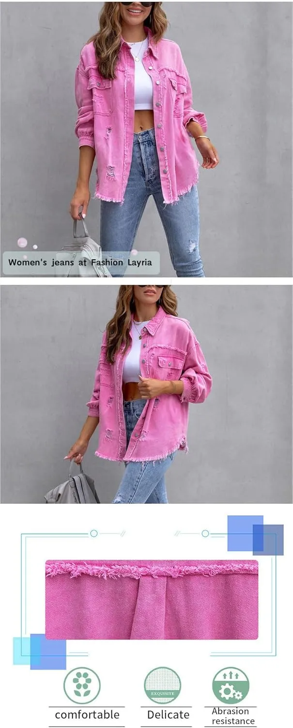 Eternatastic Womens Denim Jacket Coat Distressed Jean Jackets Button Up Vintage Western Trucker Jacket Frayed Hem Pockets