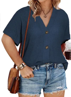 Eytino Womens Plus Size Tops Casual V Neck Short Sleeve Waffle Knit Button Down Shirts(1X-5X)