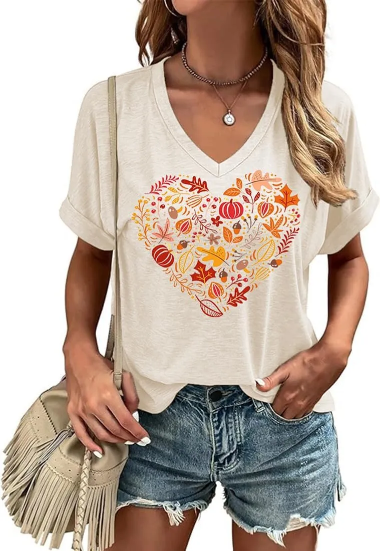 Fall V Neck T Shirt Funny Halloween Thanksgiving Graphic Tee Casual Family Halloween Costume Tops