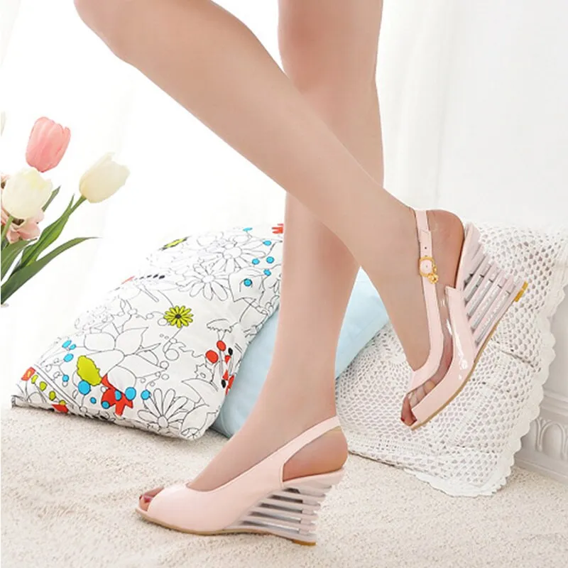 Fashion Peep Toe Pumps Ladies Wedges Transparent High Heels Woman Slingbacks Buckle Shoes Female Solid Footwear Summer