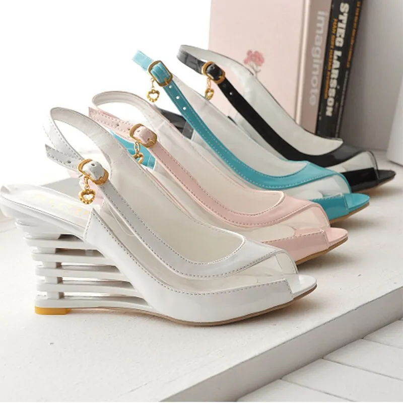 Fashion Peep Toe Pumps Ladies Wedges Transparent High Heels Woman Slingbacks Buckle Shoes Female Solid Footwear Summer