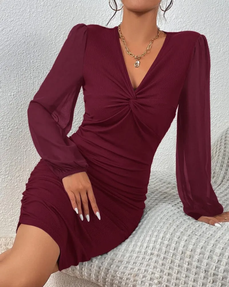 Fisoew Women's V Neck Party Dresses Slim Fitted Long Sleeve Twist Knot Ribbed Mini Club Bodycon Dress