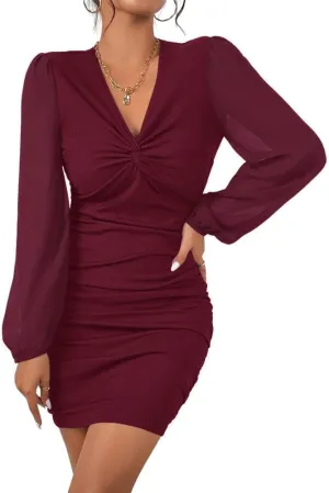 Fisoew Women's V Neck Party Dresses Slim Fitted Long Sleeve Twist Knot Ribbed Mini Club Bodycon Dress