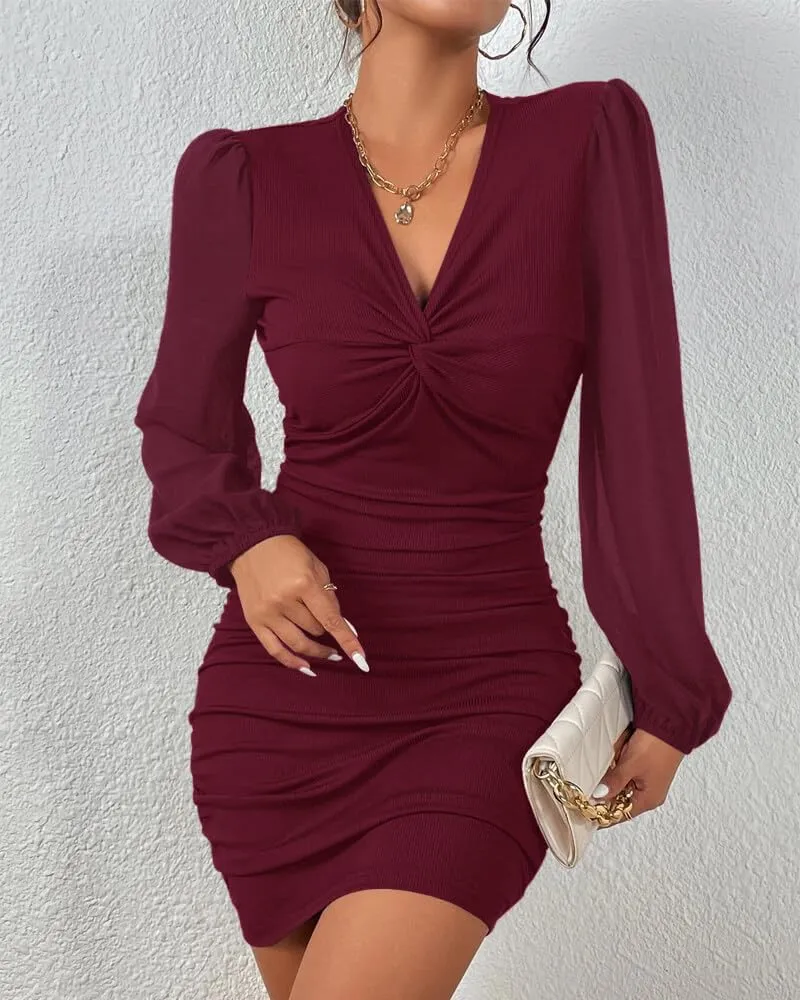 Fisoew Women's V Neck Party Dresses Slim Fitted Long Sleeve Twist Knot Ribbed Mini Club Bodycon Dress