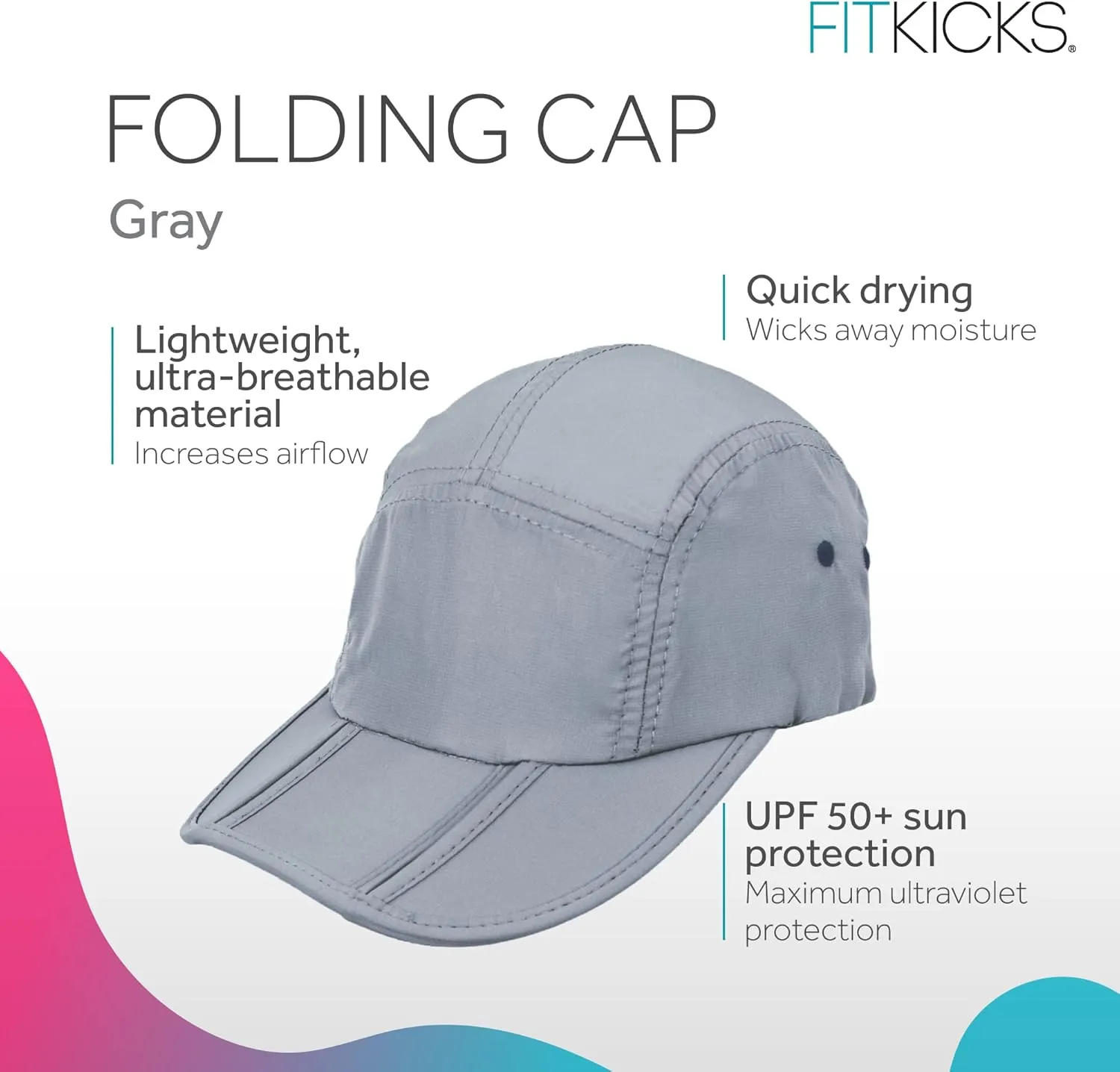 FITKICKS Folding Cap, Comfortable and Adjustable Ball Cap, UPF 50  Sun Cap for Men and Women