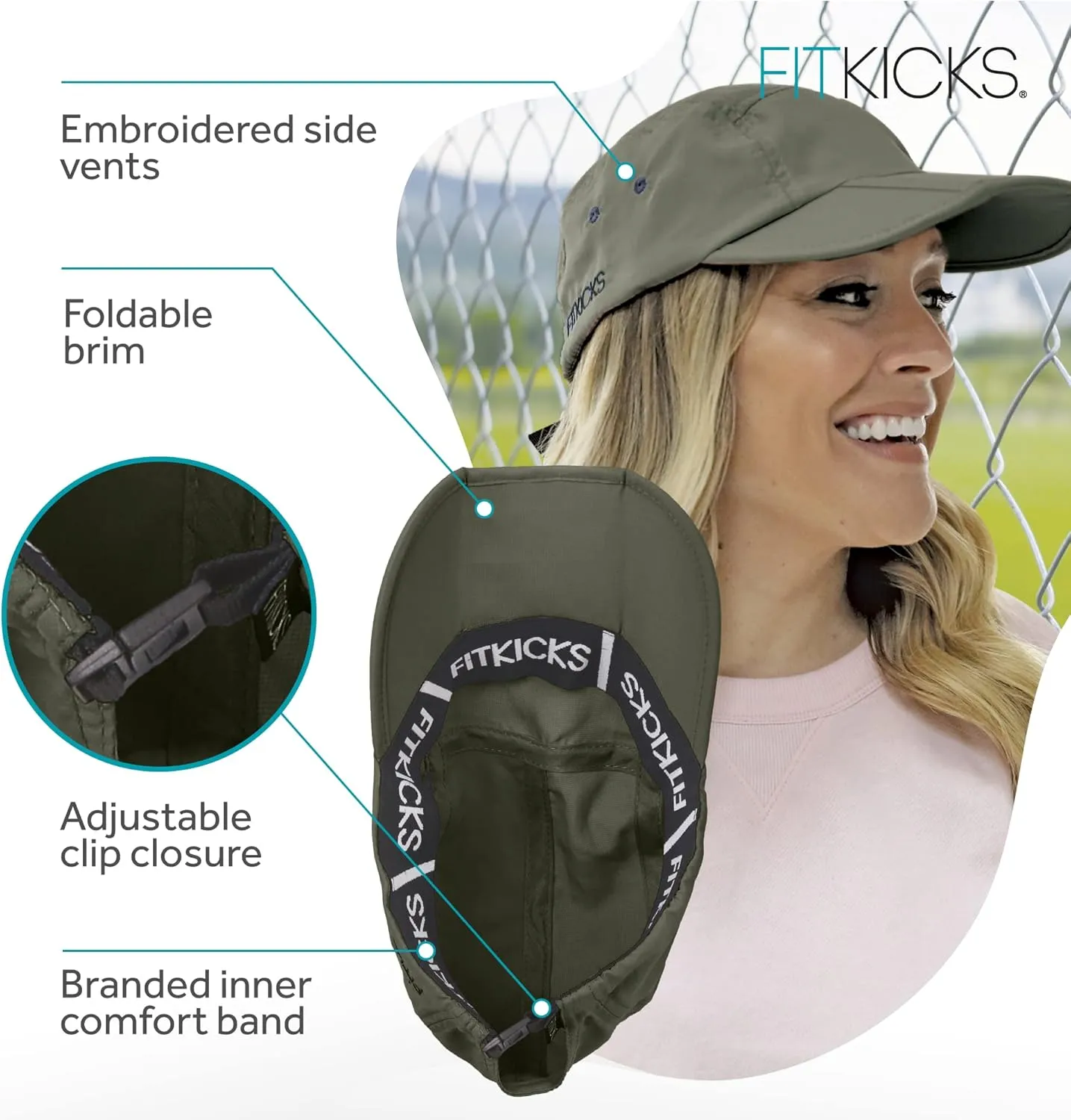 FITKICKS Folding Cap, Comfortable and Adjustable Ball Cap, UPF 50  Sun Cap for Men and Women