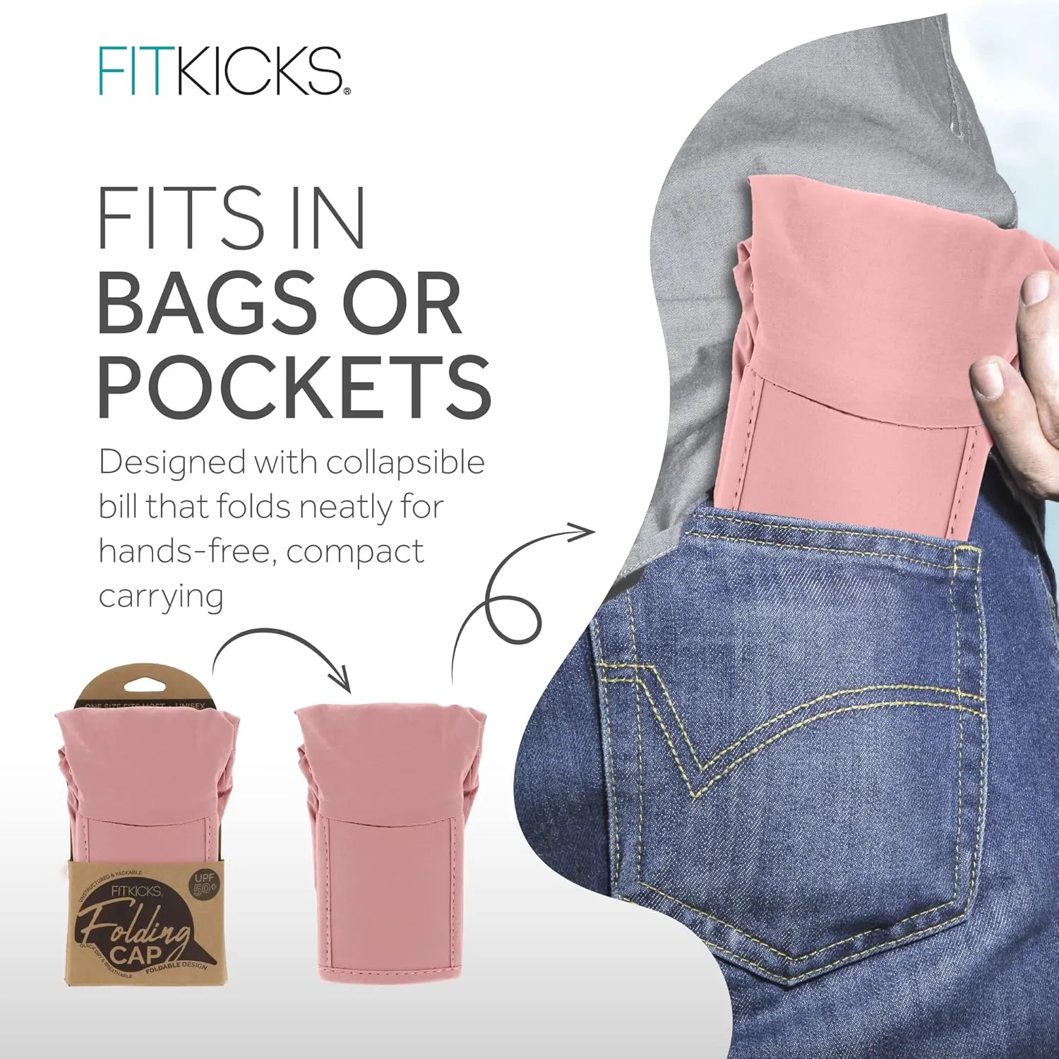 FITKICKS Folding Cap, Comfortable and Adjustable Ball Cap, UPF 50  Sun Cap for Men and Women