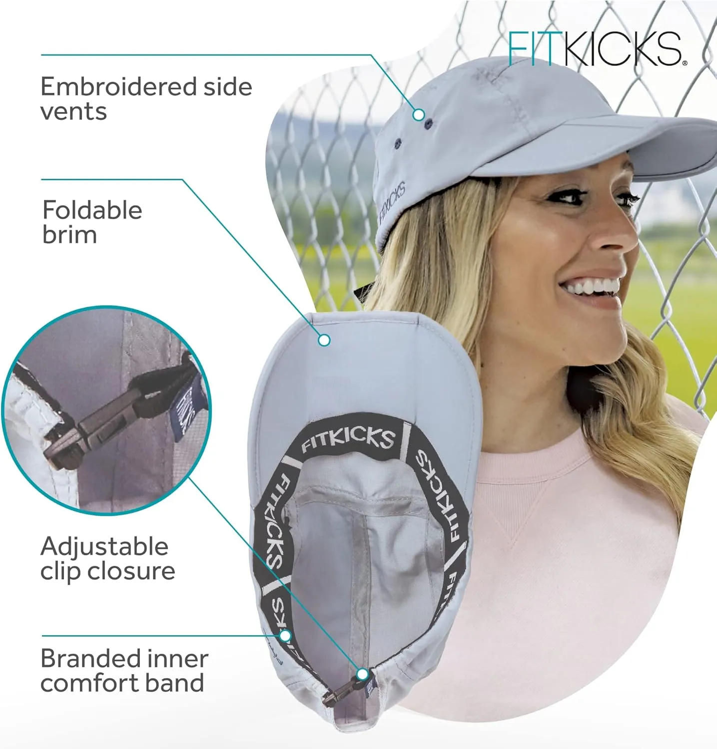 FITKICKS Folding Cap, Comfortable and Adjustable Ball Cap, UPF 50  Sun Cap for Men and Women