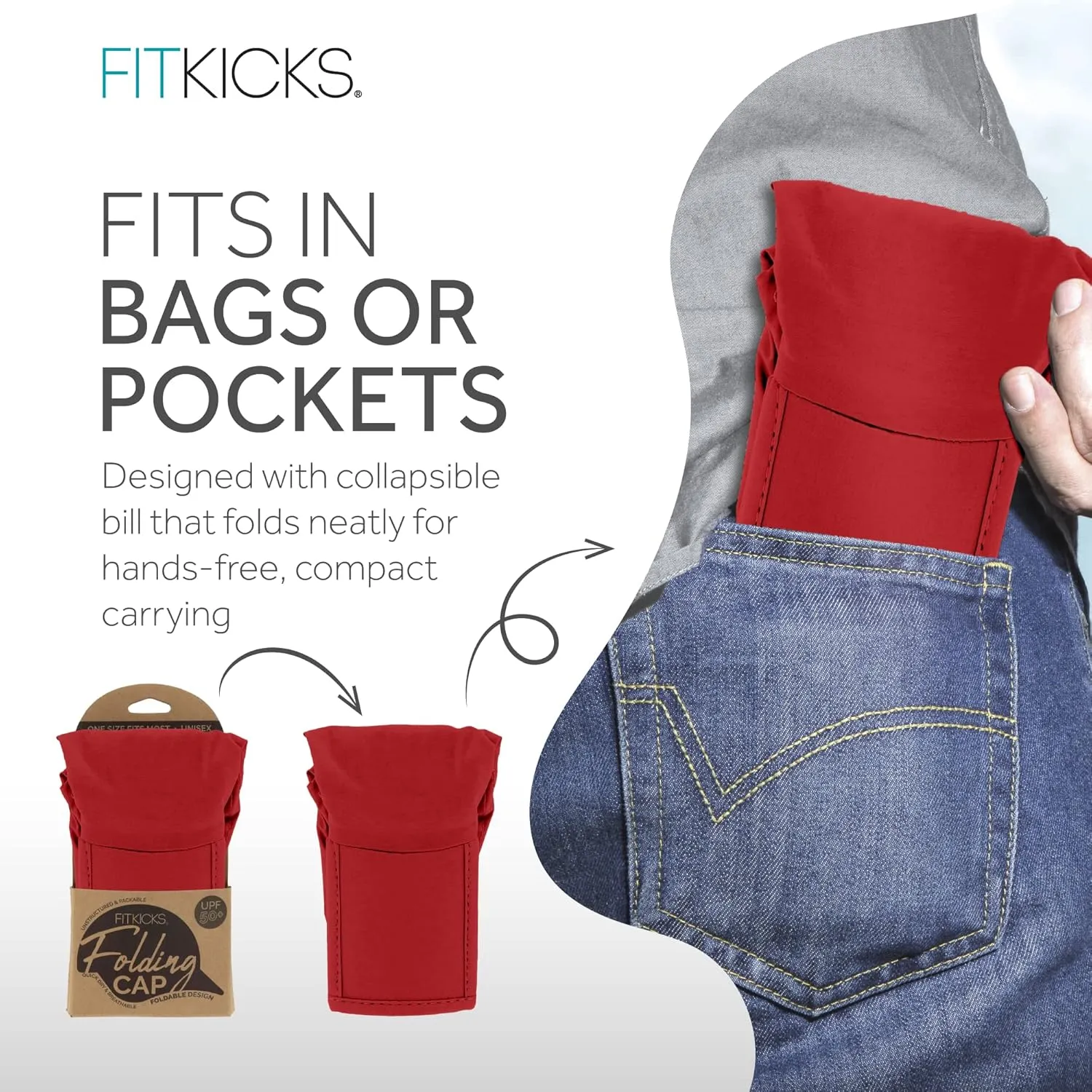 FITKICKS Folding Cap, Comfortable and Adjustable Ball Cap, UPF 50  Sun Cap for Men and Women