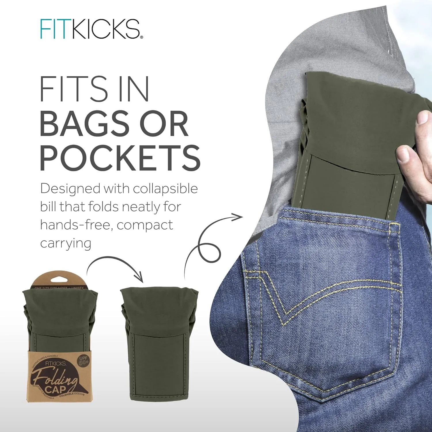 FITKICKS Folding Cap, Comfortable and Adjustable Ball Cap, UPF 50  Sun Cap for Men and Women