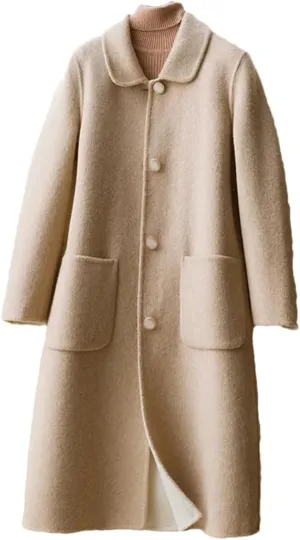 Fjnbbiot Autumn And Winter Double-Sided Cashmere Coat Women's Lapel Single Breasted Mid-Long Wool Blend Coat