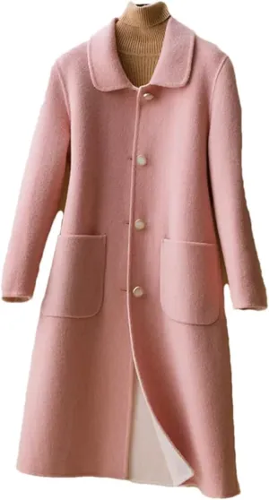 Fjnbbiot Autumn And Winter Double-Sided Cashmere Coat Women's Lapel Single Breasted Mid-Long Wool Blend Coat