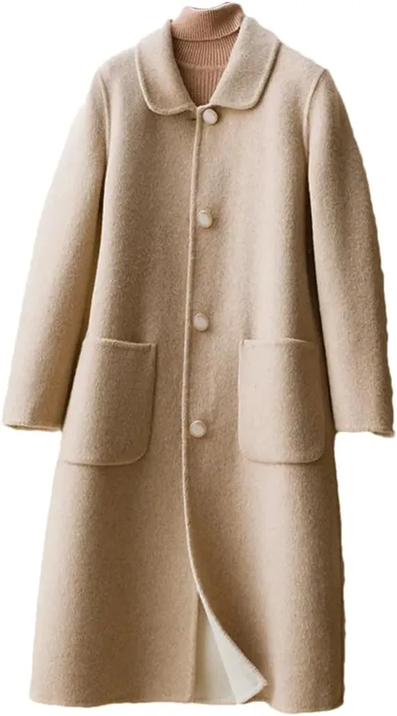 Fjnbbiot Autumn And Winter Double-Sided Cashmere Coat Women's Lapel Single Breasted Mid-Long Wool Blend Coat