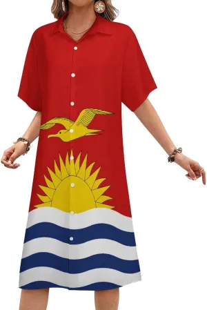 Flag Womens Summer Midi Short Sleeve Button Down Shirt Dress Stylish Beach Cover Up Dress